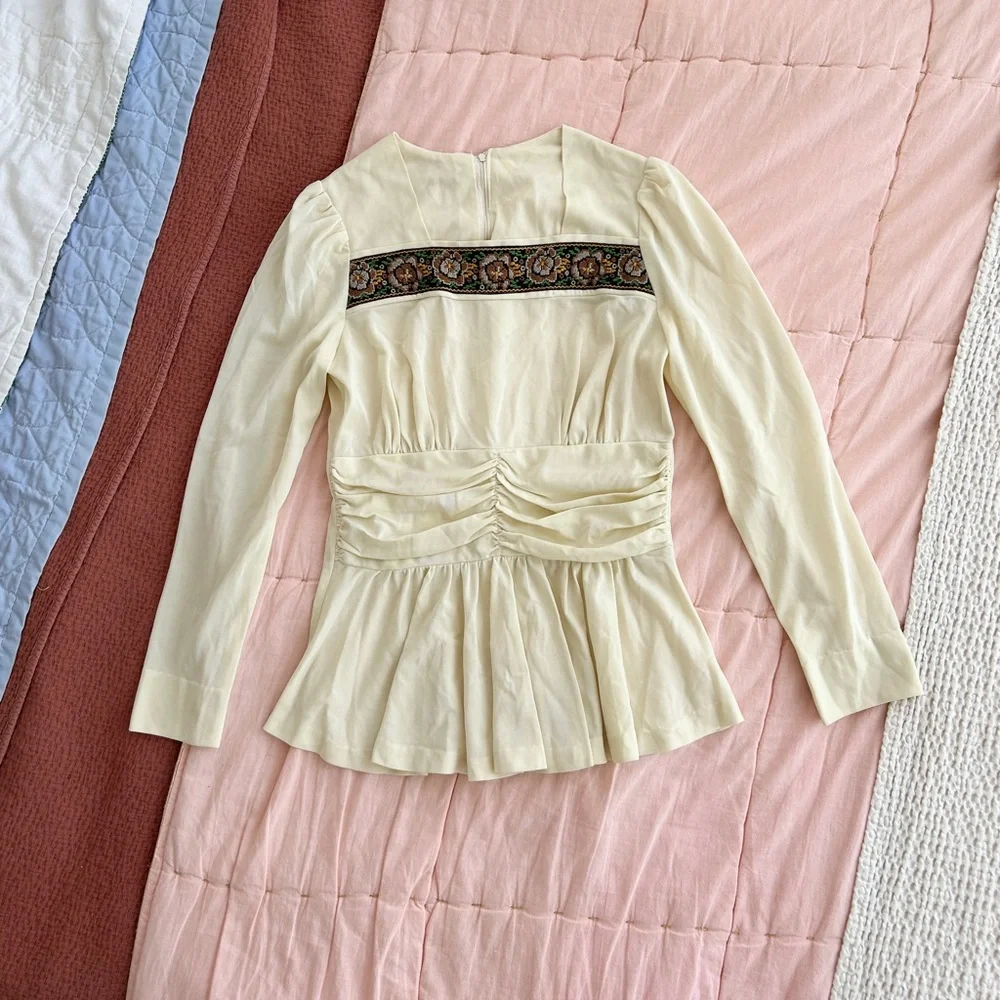 70s Vtg Handmade Embroidered Square Neck Boho Peasant Top Small Womens